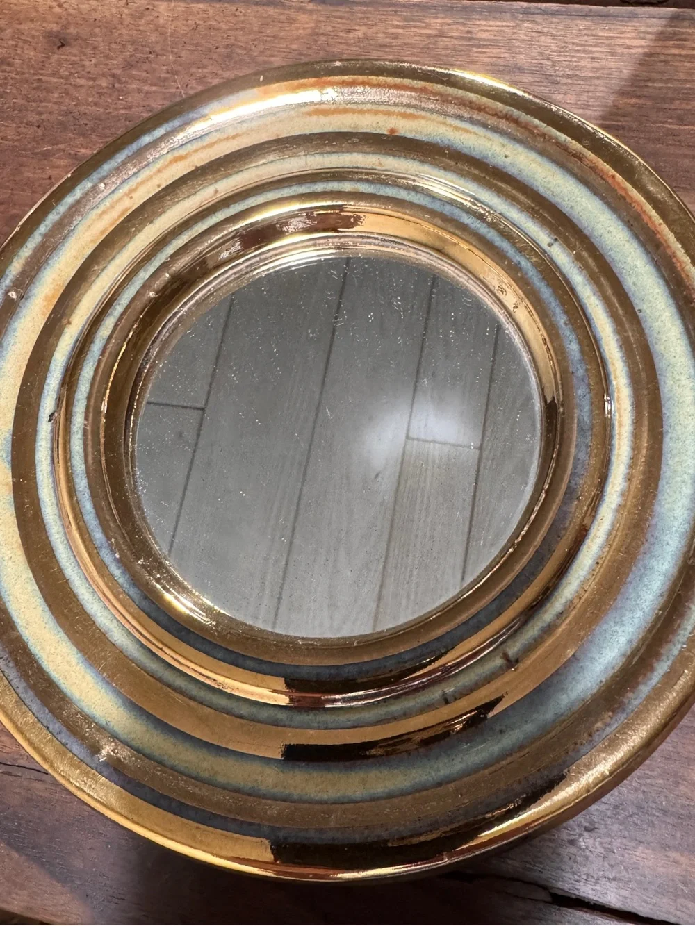 Vintage Julie Larson Studio Gold Luster Mirror 8” Signed Mid-Century Modern